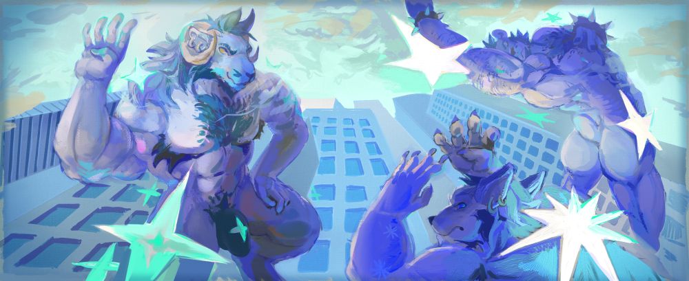 Painting of my friends characters symbolizing id ego and superego, and they are hot and muscular, they seem to be defying gravity