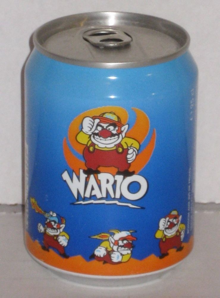 A can of Orangina, its visage displaying images of our dearest Wario. 