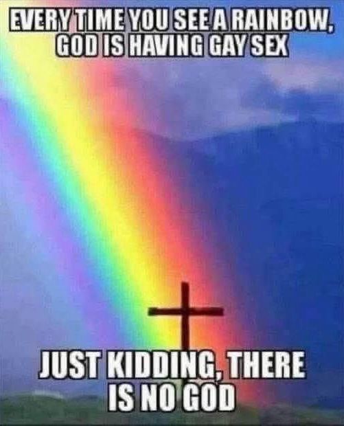 A meme with a rainbow and a cross which reads “EVERY TIME YOU SEE A RAINBOW, GOD IS HAVING GAY SEX
JUST KIDDING, THERE IS NO GOD”