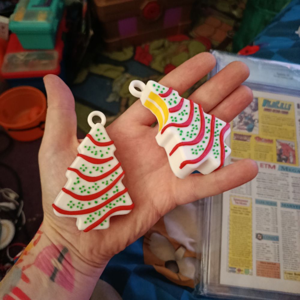3d printed little Debbie tree cakes with loops on the top 