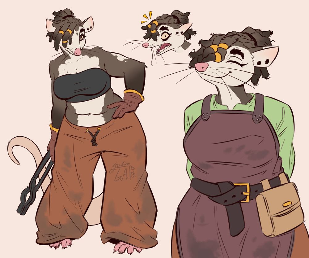 Drawings of a curvy anthro possum with head fur styled into a ponytail of dreadlocks covering one eye. One fullbody shows her standing, holding blacksmith tongs with the other hand on her hip. She is wearing large baggy pants and a crop top. A halfbody shows her in a shirt and apron, smiling with her eyes closed and arms behind her back. A headshot drawing shows an expression of surprised anger like she's yelling at someone.