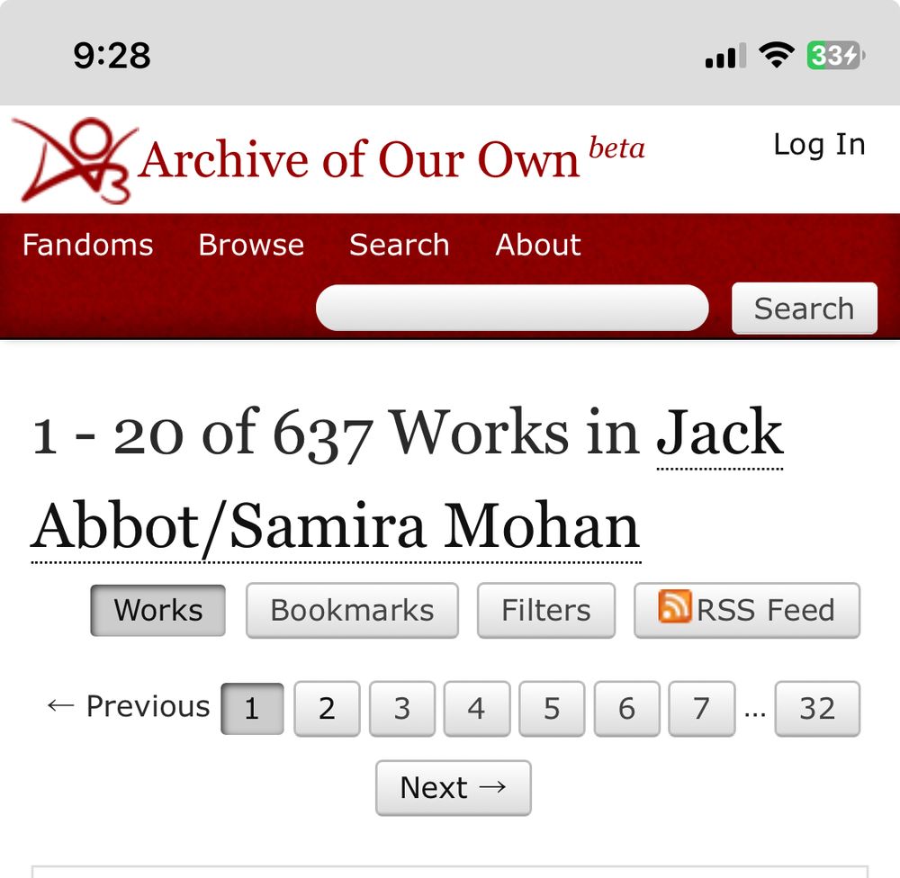 Screenshot of AO3 search showing there are currently 637 works tagged Jack Abbott/Samira Mohan