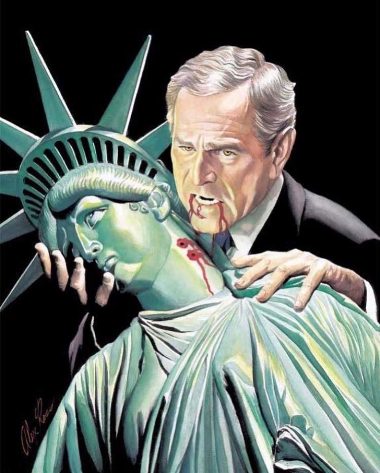 Alex Ross painting of George W Bush as a vampire, sucking the lifeblood out of the Statue of Liberty