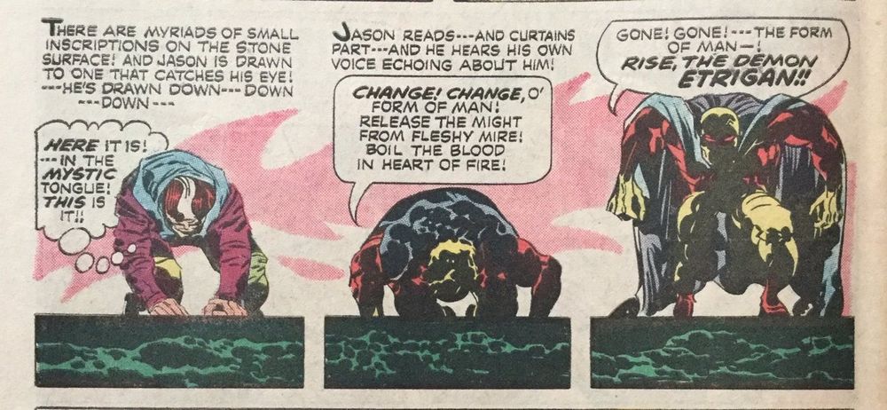 DC Comic panels from Jack Kirby showing the transformation of Jason Blood into Etrigan the Demon