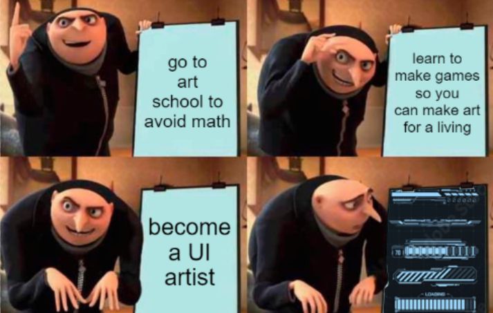 gru's plan meme. 1) go to art school to avoid math 2) learn to make games so you can make art for a living 3) become a UI artist 4) gru looking despairingly at a page full of health bars