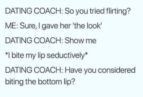 DATING COACH: So you tried flirting?
ME: Sure, I gave her 'the look'
DATING COACH: Show me
*l bite my lip seductively*
DATING COACH: Have you considered biting your bottom lip. 