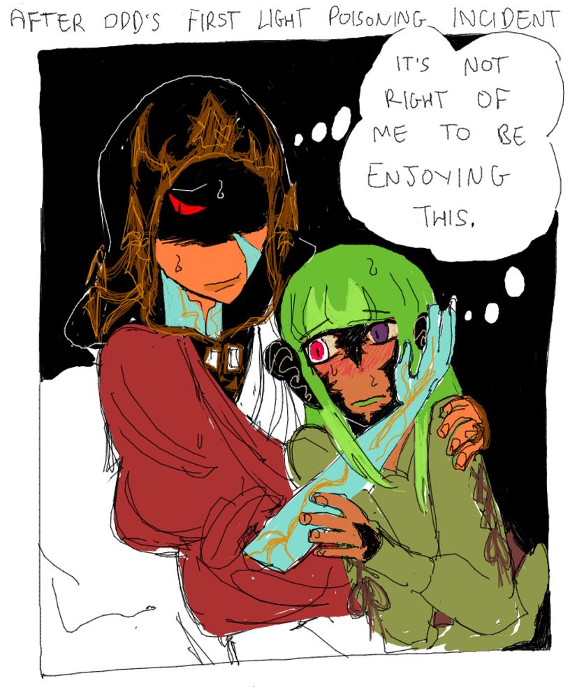 the crystal exarch hold's odd to his chest, both with uncertain expressions on their faces. the text in the thought bubble reads "it's not right of me to be enjoying this"
