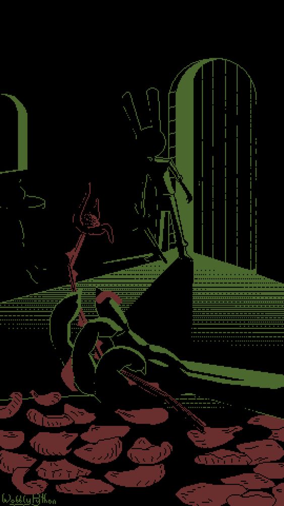 a hand in the foreground clutches a flower. The petals have all fallen off with time, leaving only a barbed stem.

An onlooker stands in the doorway, dimly edgelit by sickly green light.