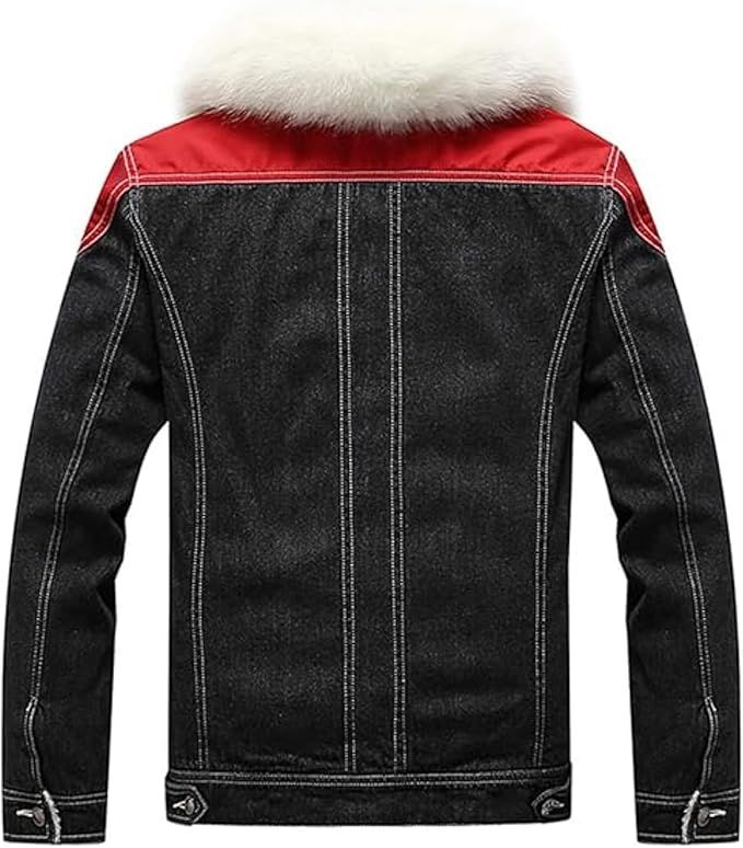 Black denim jacket with red shoulder color highlights. Structured and contrast stitched in white. Big fluffy white faux fur collar. Back view