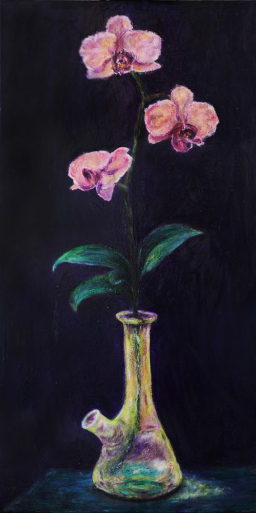 oil painting of pink orchids in a yellow Erlenmeyer flask
