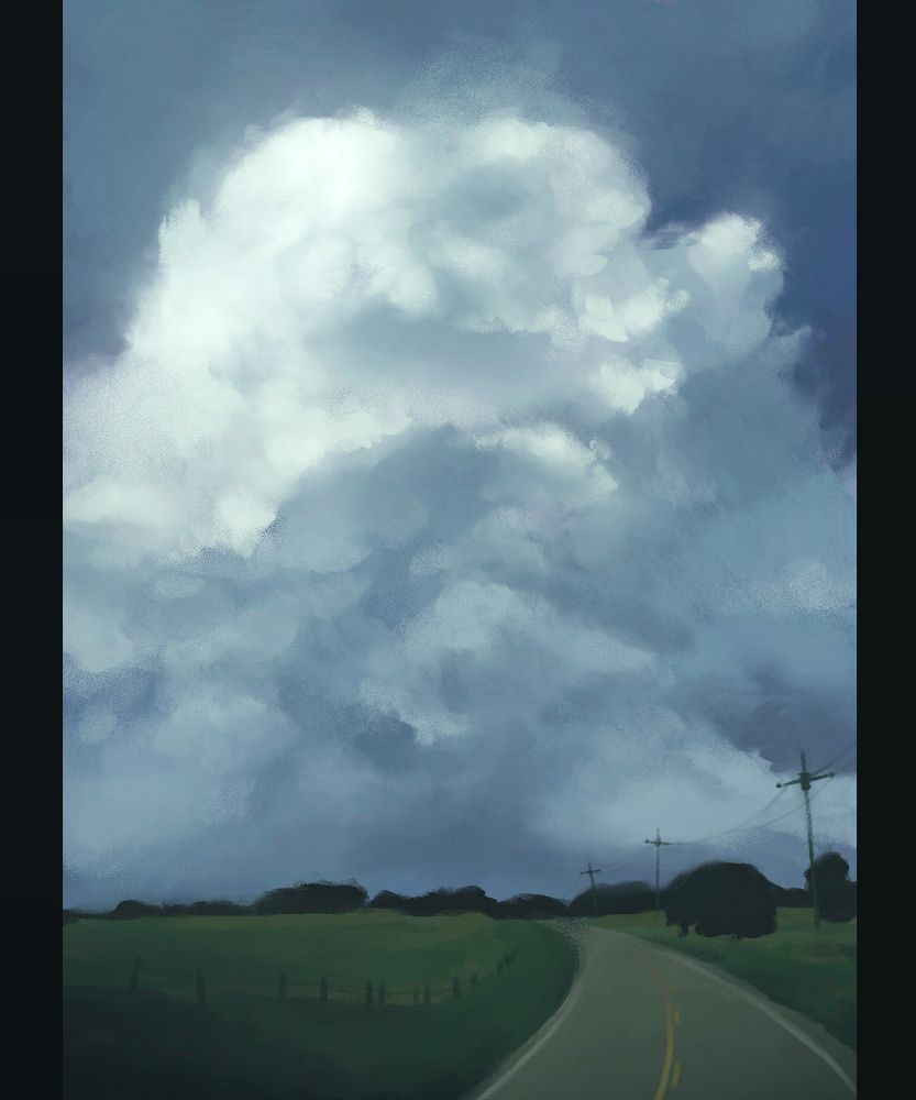 A digital painting of a large cloud formation over a rural road