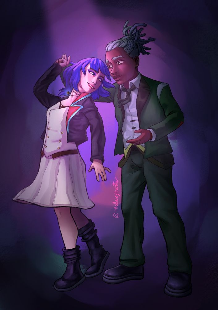 a fanart of alternative universe jinx and ekko dancing, based off the scene in the show. they are in a purple and blue space and bathed on a pink light and are dancing together looking happy.