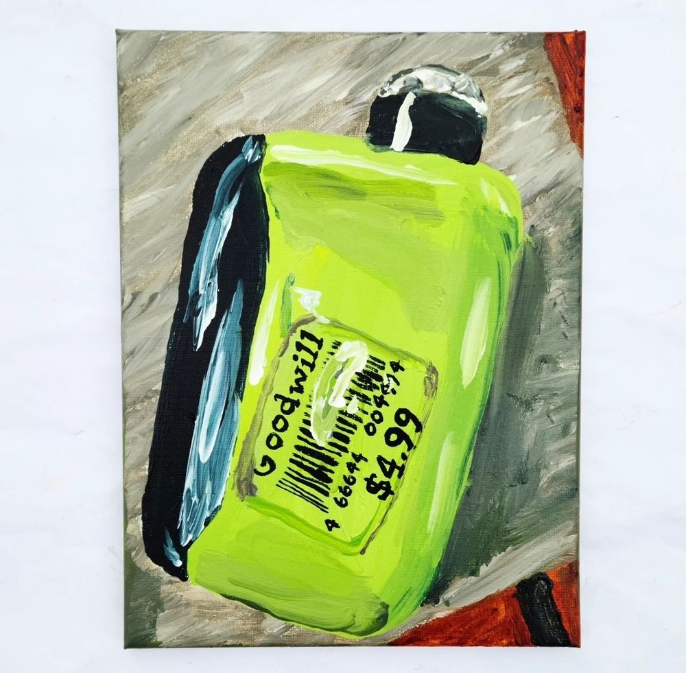Acrylic painting of a lime green nicotine vape with a weathered Goodwill sticker priced at $4.99.