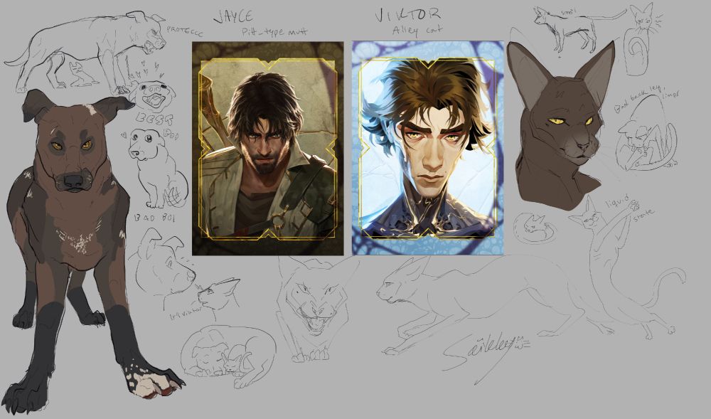 Doodles of jayce as a pitt-type mutt mix (dog) and viktor as an alley cat. The sketches are loose and quickly drawn. On the left is a drawn colored sketch of a dog who's nose is pointing down, hazel eyes staring, it's muzzle is scrunched up because it might be growling. It has strong body and huge paws. It's color is a mix of browns with specs of white. Viktor is depicted to be a cholotale dilution (called violet in cat world) slinky kinda cat. 