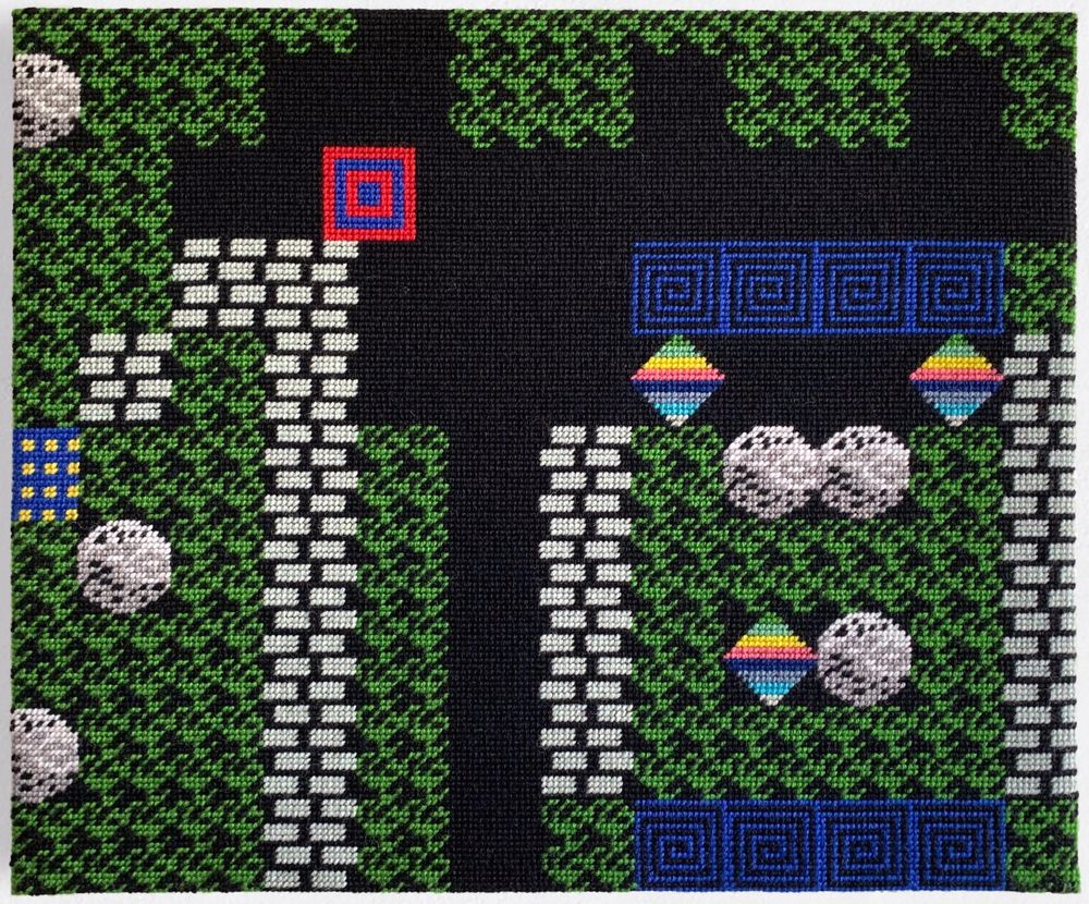 Continental stitch needlepoint representation of a selected scene from “La mine aux diamants” video game. 46 × 38 cm