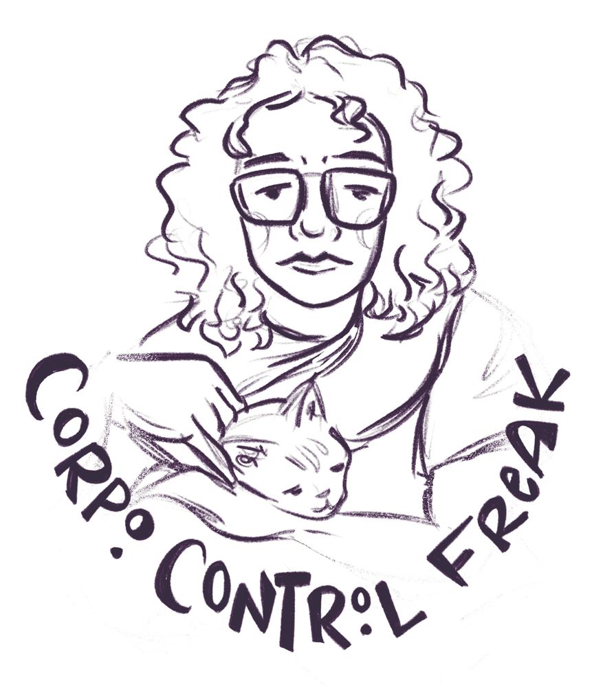Sketch of a defeated human in glasses holding onto a cat and looking straight at the viewer. Text beneath reads “Corpo Control Freak”.