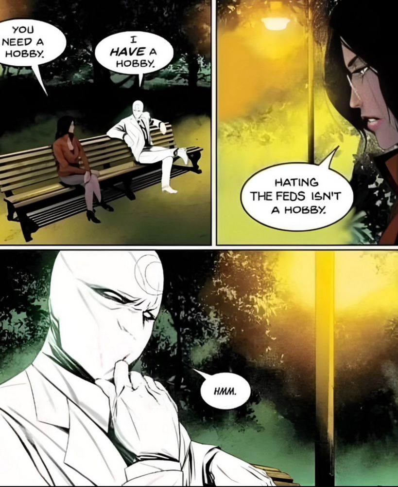 A three panel comic between a woman and moon knight, where they have the following conversation:
“You need a hobby”
“I have a hobby”
“Hating feds isn’t a hobby”
“HMM.”