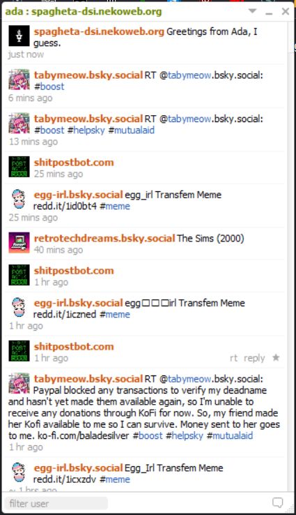 A screenshot of Ada displaying my Bluesky timeline up until this post.