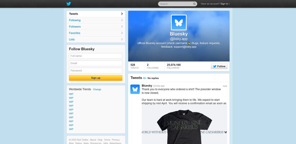 A screenshot of the 2013 Twitter profile page showing the profile page for Bluesky. The trends are nothing but "WIP".