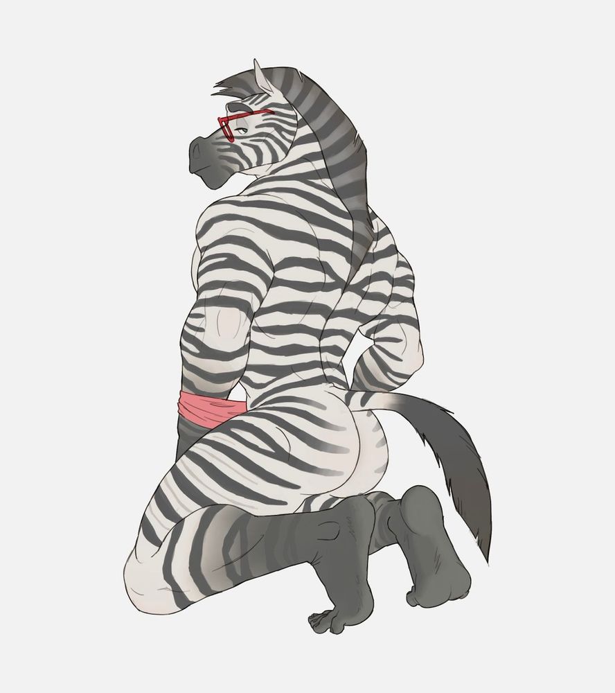 Digital art of a nude male zebra wearing red glasses. The zebra is kneeling with his back and head turned towards the viewer with a pink shirt placed around his wrist.