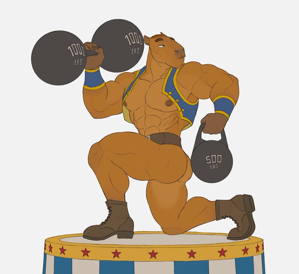 Digital art depicting a muscular capybara as a circus strongman performing with a heavy weight and dumbbell on a platform.