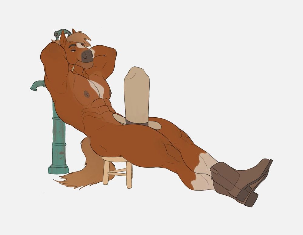 Digital artwork depicting a tall anthropomorphic male horse sitting on a small stool with his back propped up against an antique hand pump. The horse is unclothed, only wearing cowboy boots and an absurdly tall cowboy hat placed over his genitals.