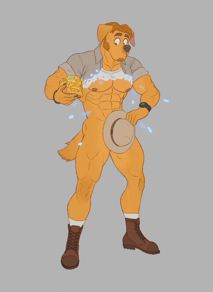 Digital art depicting a golden retriever as an archaeologist holding a cursed relic causing the archaeologist’s clothes to disintegrate.