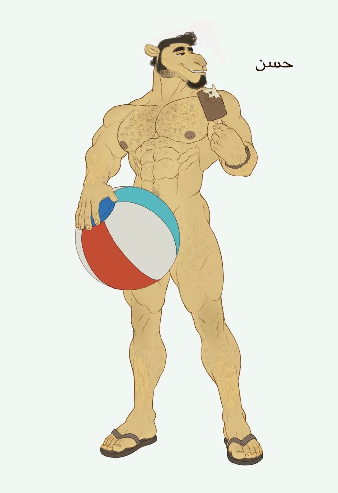 The image depicts a muscular, anthropomorphic camel with light beige fur, holding a beach ball and eating a chocolate ice cream bar. They have a trimmed goatee, a tuft of fur on its head, and wears flip-flops and a bracelet. The name “حسن” (Hassan) is written on the right, set against a pale background.