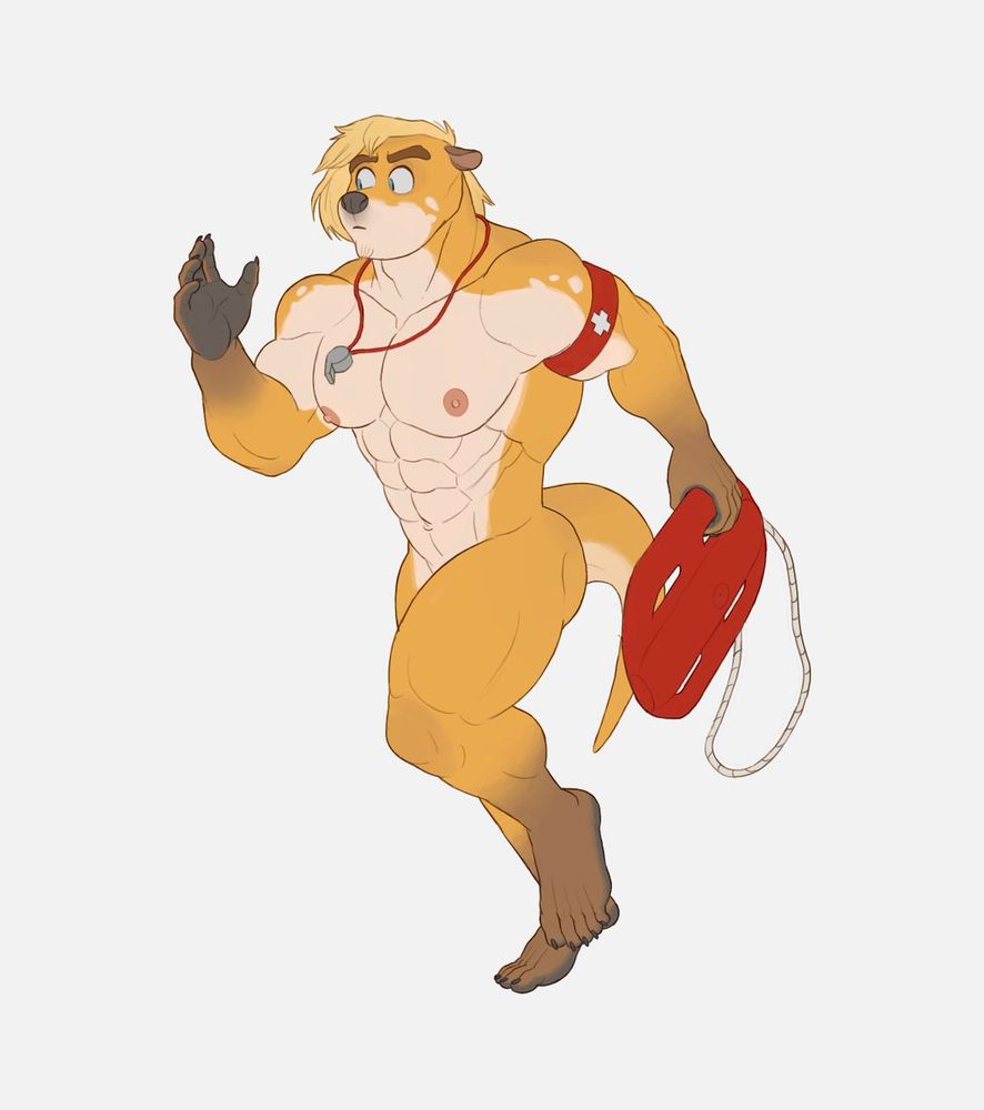 A digital artwork depicts an anthropomorphic otter, dressed as a lifeguard, sprinting towards a rescue mission. The otter is nude, wearing a lanyard with a whistle and holding a safety raft.