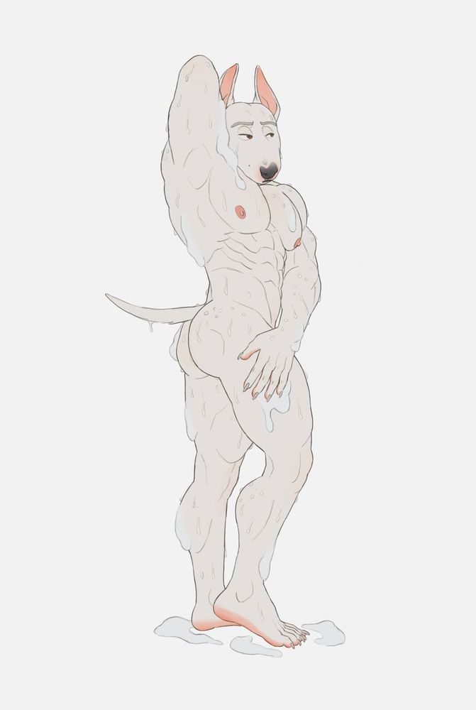 Digital art depicting a bull terrier taking a shower