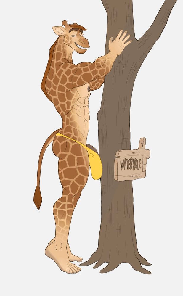 Artwork depict an anthropomorphic male giraffe balancing against a tree, his hands placed on the trunk for support. He stands on his toes, grinning at the viewer. He's wearing a barely fitting speedo, which has a large bulge rubbing against the tree and partially revealing his penis. A directional sign on the tree points to a 'WATERHOLE'.