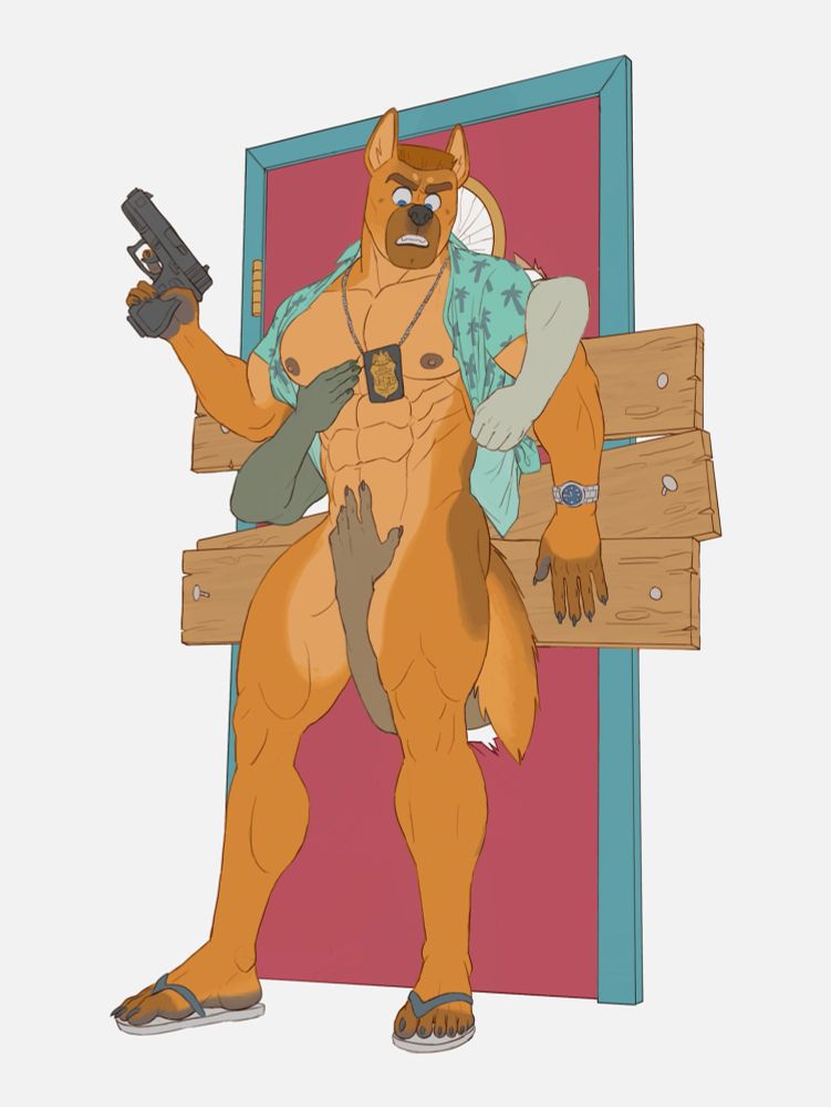 Digital art depicting a German shepherd as an undercover cop during a horny virus outbreak. The cop’s back is against a boarded-up door with arms of 3 individuals sticking out of the gaps. Two of the arms are groping the cop’s body, and one is tugging on his shirt.