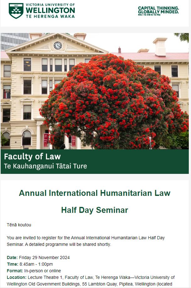 Image of flowering pohutakawa tree in front of the law school of victoria university of wellington, with screen shot of seminar invitation heading