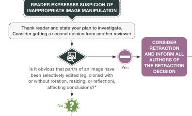 Beginning of the COPE flowchart for image manipulation cases showing a new step that allows editors to progress to retraction without going to the authors if manipulation is blatant and clearly affecting outcomes.