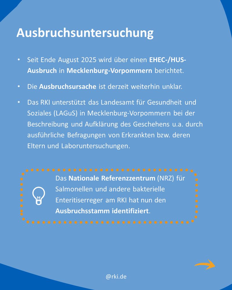 Seit Ende August 2025 wird über einen EHEC-/HUS-Ausbruch in Mecklenburg-Vorpommern berichtet.
Die Ausbruchsursache ist derzeit weiterhin unklar. 
Das RKI unterstützt das Landesamt für Gesundheit und Soziales (LAGuS) in Mecklenburg-Vorpommern bei der Beschreibung und Aufklärung des Geschehens u.a. durch ausführliche Befragungen von Erkrankten bzw. deren Eltern und Laboruntersuchungen.
Das Nationale Referenzzentrum (NRZ) für Salmonellen und andere bakterielle Enteritiserreger am RKI hat nun den Ausbruchsstamm identifiziert.