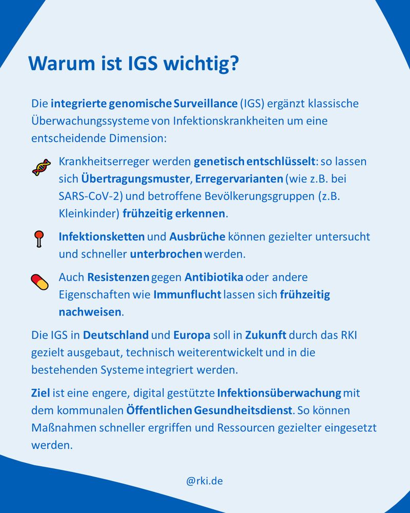 Warum ist IGS wichtig?
Die integrierte genomische Surveillance (IGS) ergänzt klassische Überwachungssysteme von Infektionskrankheiten um eine entscheidende Dimension:
Krankheitserreger werden genetisch entschlüsselt: so lassen sich Übertragungsmuster, Erregervarianten (wie z.B. bei SARS-CoV-2) und betroffene Bevölkerungsgruppen (z.B. Kleinkinder) frühzeitig erkennen.
Infektionsketten und Ausbrüche können gezielter untersucht und schneller unterbrochen werden.
Auch Resistenzen gegen Antibiotika oder andere Eigenschaften wie Immunflucht lassen sich frühzeitig nachweisen.
Die IGS in Deutschland und Europa soll in Zukunft durch das RKI gezielt ausgebaut, technisch weiterentwickelt und in die bestehenden Systeme integriert werden.
Ziel ist eine engere, digital gestützte Infektionsüberwachung mit dem kommunalen Öffentlichen Gesundheitsdienst. So können Maßnahmen schneller ergriffen und Ressourcen gezielter eingesetzt werden.
