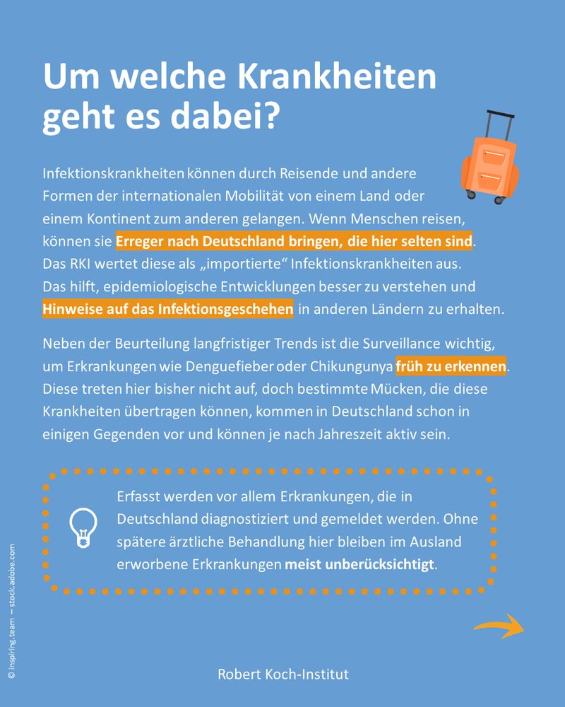 Blauer Hintergrund mit einer Reisetasche-Illustration und der Frage: „Um welche Krankheiten geht es dabei?“. Text: „Infektionskrankheiten können durch Reisende und andere Formen der internationalen Mobilität von einem Land oder einem Kontinent zum anderen gelangen. Wenn Menschen reisen, können sie Erreger nach Deutschland bringen, die hier selten sind. Das RKI wertet diese als „importierte“ Infektionskrankheiten aus. Dies hilft, epidemiologische Entwicklungen besser zu verstehen und Hinweise auf das Infektionsgeschehen in anderen Ländern zu erhalten. [...]“ Unten steht: „Erfasst werden vor allem Erkrankungen, die in Deutschland diagnostiziert und gemeldet werden. Ohne spätere ärztliche Behandlung hier bleiben im Ausland erworbene Erkrankungen meist unbeachtet.“