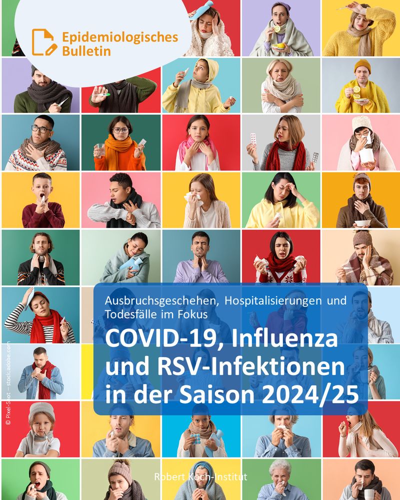 Collage aus vielen Personen unterschiedlichen Alters mit typischen Erkältungssymptomen wie Husten, Fieber oder Halsschmerzen. Text: „Epidemiologisches Bulletin. Ausbruchsgeschehen, Hospitalisierungen und Todesfälle im Fokus. COVID-19-, Influenza- und RSV-Infektionen in der Saison 2024/25.“