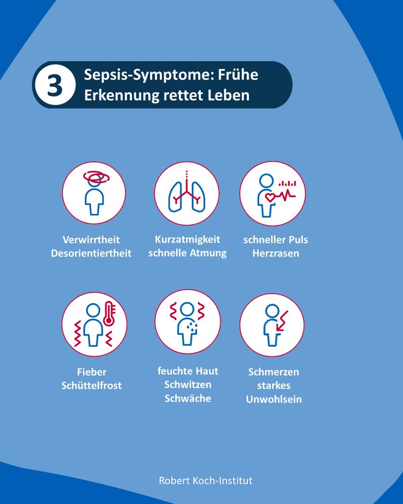 Sepsis-Symptome: Frühe Erkennung rettet Leben

Verwirrtheit – Desorientiertheit
Kurzatmigkeit – schnelle Atmung
schneller Puls – Herzrasen
Fieber – Schüttelfrost
feuchte Haut – Schwitzen – Schwäche
Schmerzen – starkes Unwohlsein