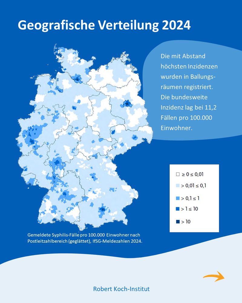 Deutschlandkarte mit farbigen Abstufungen der Syphilis-Inzidenz 2024. Text: „Die höchsten Inzidenzen wurden in Ballungsräumen registriert. Bundesweite Inzidenz 11,2 Fälle pro 100.000 Einwohner.“