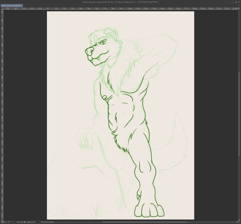 A tall werewolf version of Adron Quixote, standing next to a boulder. One hand rests on the boulder, while the other is held up behind their head.