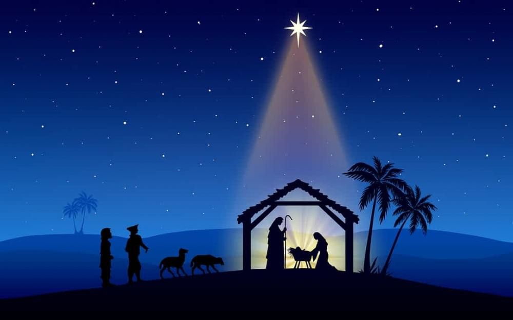 Silhouette illustration of the star shining down on the nativity as shepherds approach