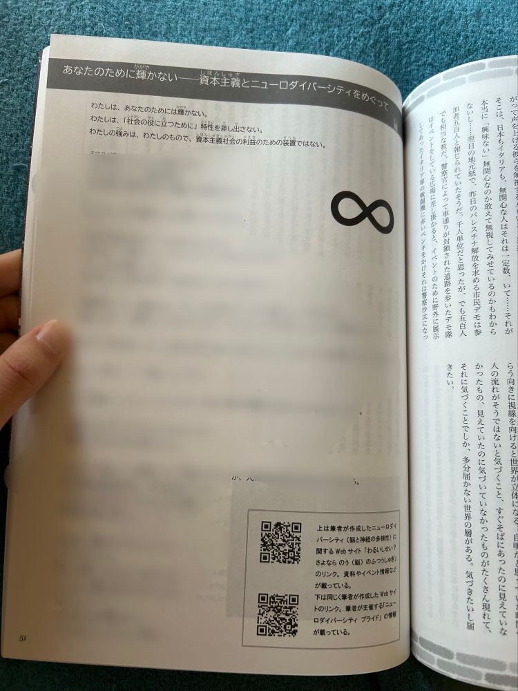 白い背景のページに、黒とグレーの文字で文章が書かれている書籍の見開きページ。左のページの上部には、グレーの帯に白抜き文字で「あなたのために輝かない――資本主義とニューロダイバーシティをめぐって」と書かれている。その下に三行の文章が大きめの文字で配置されている：
	•	「わたしは、あなたのためには輝かない。」
	•	「わたしは、『社会の役に立つため』に特性を差し出さない。」
	•	「わたしの強みは、わたしのもので、資本主義社会の利益のための装置ではない。」

その下には長めの本文が続いており、個人の感情や立場を述べるようなエッセイ風の文章が記載されている。ページ中央よりやや右側に、無限マーク（∞）が黒く大きく印刷されている。