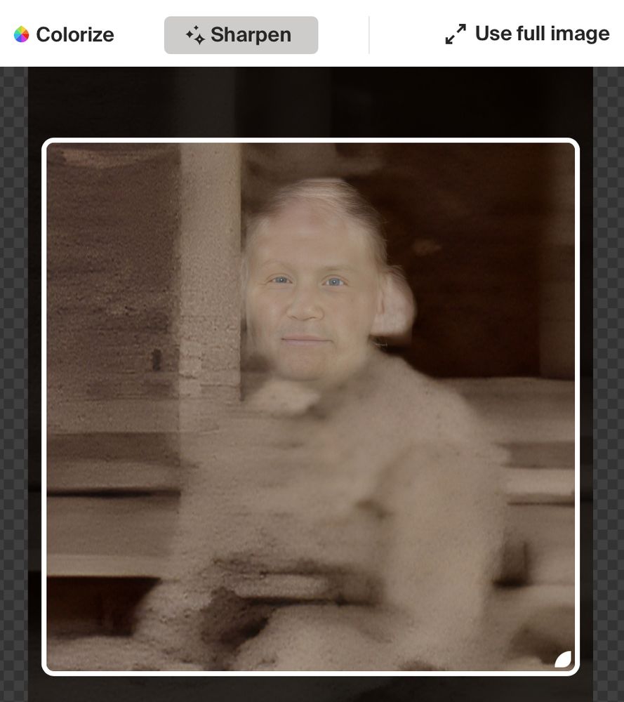 The blurry photo of a 19th-century woman now has a photo realistic man's enlarged face pasted over it