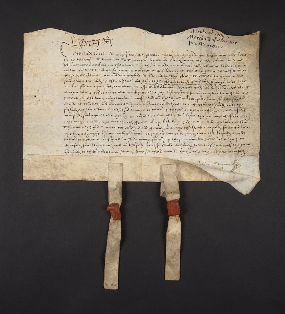 A charter with two seals and featuring the autograph signatures of Henry VIII, Thomas Wolsey and John Daunce. 