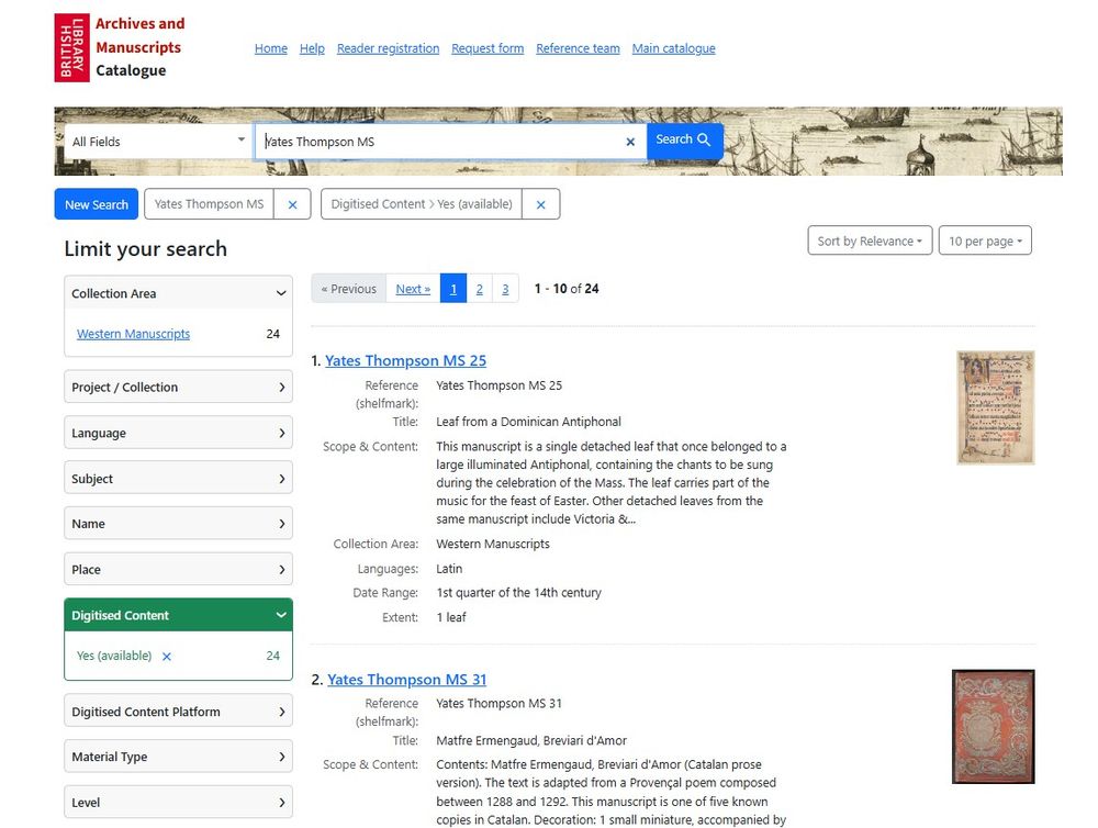 A screenshot of a search input in the British Library's interim Explore Archives and Manuscripts catalogue. 
