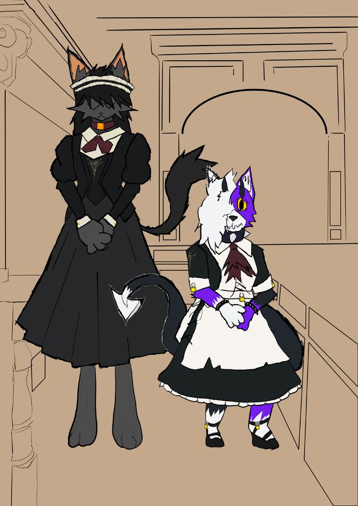 a tall black cat with a long dress next to a short purple white and black demon cat that's wearing a slightly worn maid outfit with padlocks shown on the cuffs, the waist and on the mary janes straps