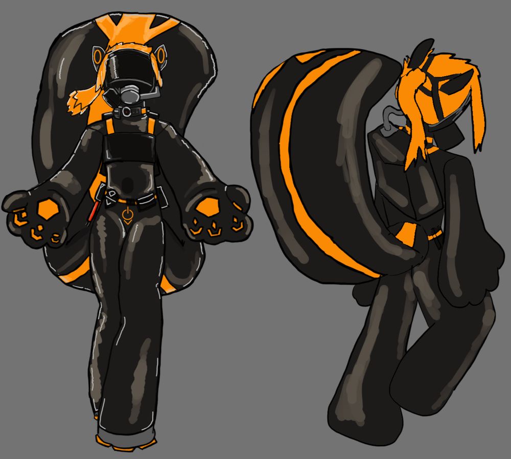 anthro black and orange skunk rubber drone with a rubber orange ponytail wig and a full face respirator that feeds into its backpack's air supply. There is a camera on its collar that functions as its eyes, the visor is only there to convey information and the skunk's approximate expression.