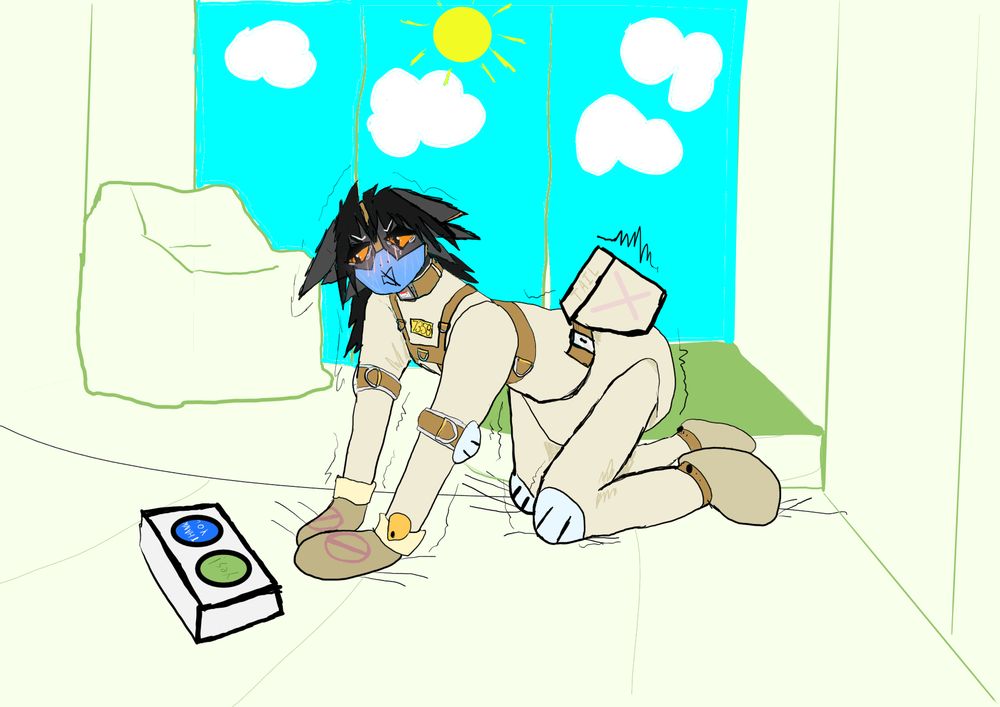 a muzzled cat in a decorated rubber room blushing and tearing up in a heavily padded safety suit that prevents them from using their paws and tail. 