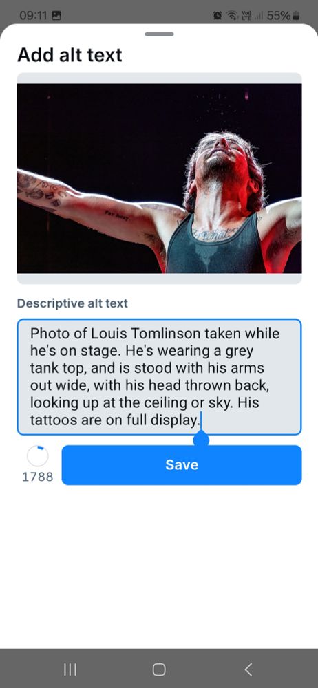 The same post showing alt text added describing the photo of Louis Tomlinson standing on stage with his head thrown back.
